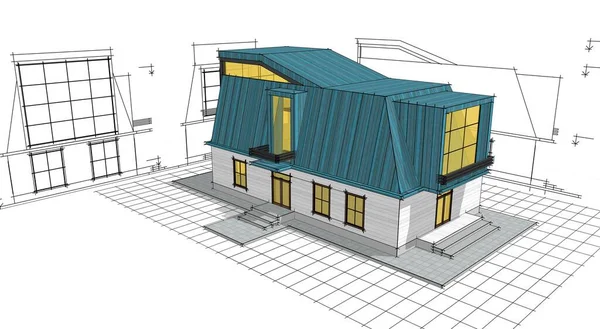 带有阁楼建筑草图的房子3D渲染 — 图库照片