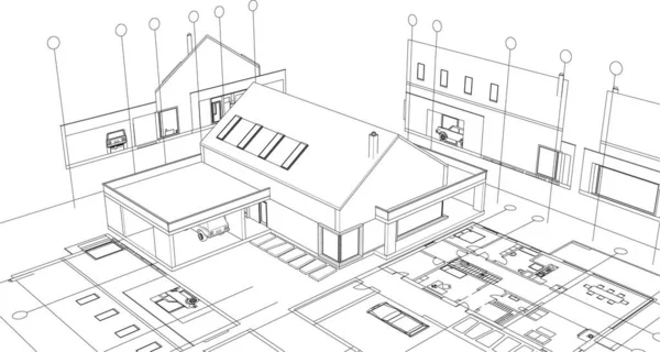 Casa Desenho Arquitetônico Renderização —  Vetores de Stock