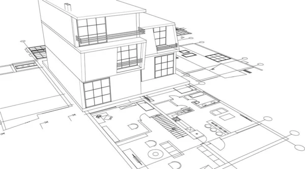 Casa Dibujo Arquitectónico Renderizado — Vector de stock