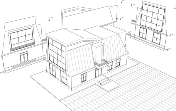 家の建築スケッチ3Dレンダリング — ストックベクタ