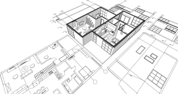 房屋建筑草图3D渲染 — 图库矢量图片