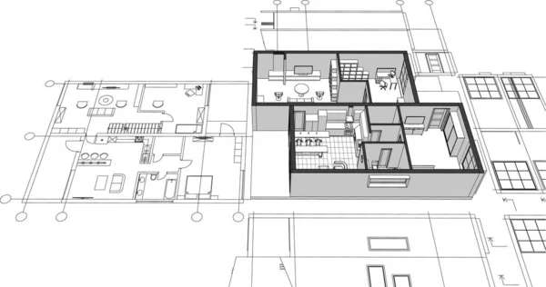 Casa Dibujo Arquitectónico Renderizado — Vector de stock