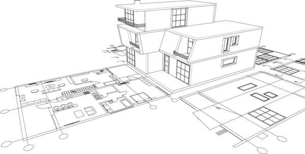 房屋建筑草图3D渲染 — 图库矢量图片