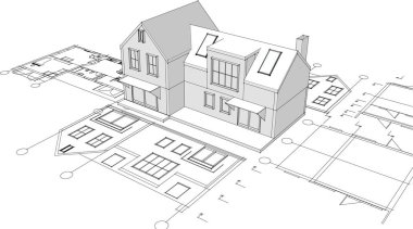 Modern ev mimari projesi çizimi 3D illüstrasyon