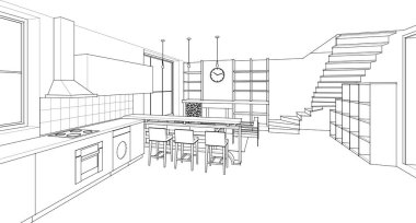 ev içi mutfak oturma odası 3D görüntü