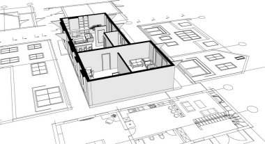 Modern ev mimari projesi çizimi 3D illüstrasyon