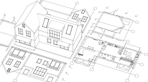 Casa Moderna Projeto Arquitetônico Esboço Ilustração — Vetor de Stock