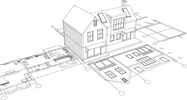 Modern Huis Architectonisch Project Schets Illustratie — Stockvector