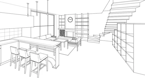 房屋内部厨房客厅3D插图 — 图库矢量图片