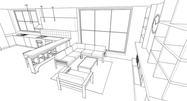 家のキッチンリビングルーム3Dイラスト — ストックベクタ