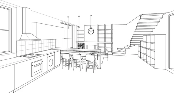 House Interior Kitchen Living Room Illustration — Stock Vector