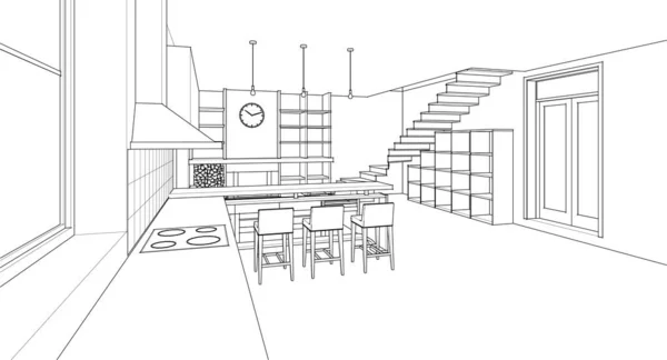 Εσωτερικό Σπίτι Κουζίνα Σαλόνι Εικονογράφηση — Διανυσματικό Αρχείο