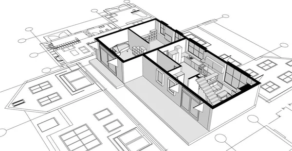 Modern Huis Architectonisch Project Schets Illustratie — Stockvector