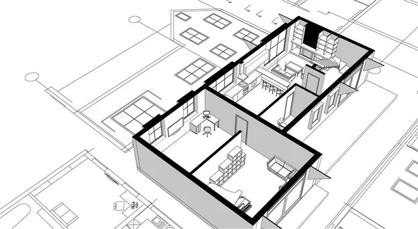 現代住宅建築プロジェクトスケッチ3Dイラスト — ストックベクタ