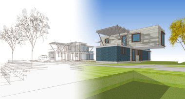 house modern mimari 3d illüstrasyon