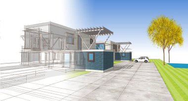 house modern mimari 3d illüstrasyon