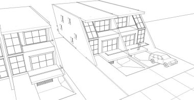 Modern ev mimarisi çizimi 3D görüntüleme