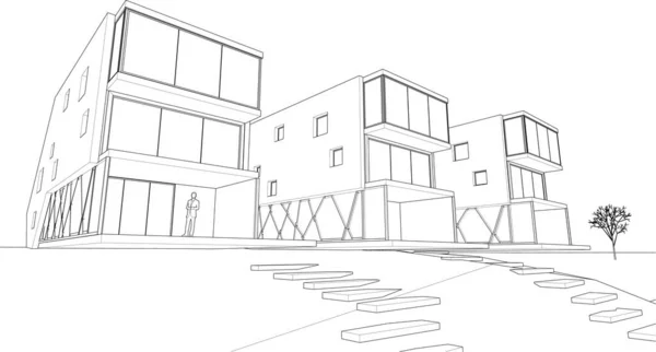 Moderní Dům Architektonický Náčrt Vykreslování — Stockový vektor