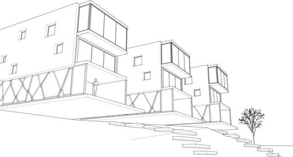 Μοντέρνο Σπίτι Αρχιτεκτονικό Σκίτσο Απόδοση — Διανυσματικό Αρχείο