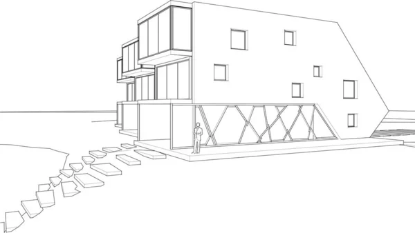 Maison Moderne Esquisse Architecturale Rendu — Image vectorielle