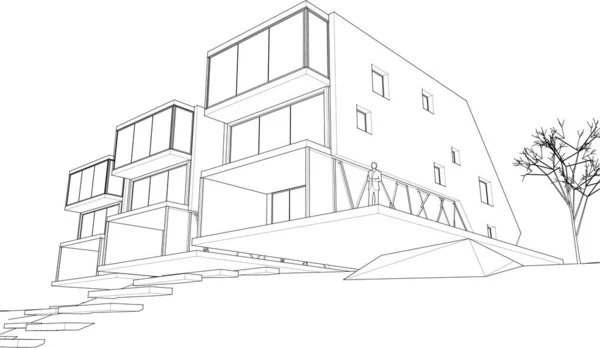 Casa Moderna Dibujo Arquitectónico Renderizado — Vector de stock