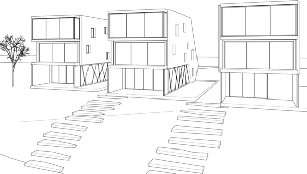 Casa Moderna Desenho Arquitetônico Renderização — Vetor de Stock