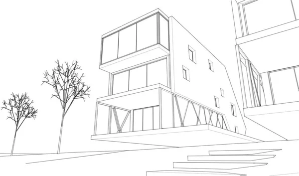 Casa Moderna Dibujo Arquitectónico Renderizado — Vector de stock