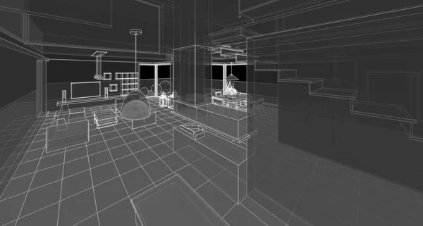 房屋阁楼内部3D渲染 — 图库照片