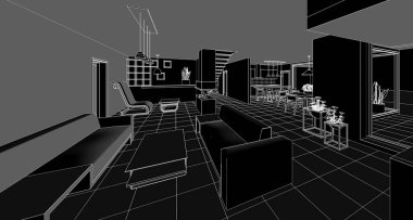  ev içi mutfak oturma odası 3D görüntü