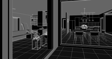  ev içi mutfak oturma odası 3D görüntü