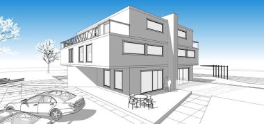 modern çift katlı mimari 3D görüntüleme