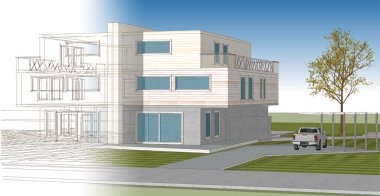 modern çift katlı mimari 3D görüntüleme