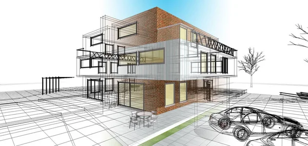 Modern Dubbel Hus Arkitektonisk Rendering — Stockfoto