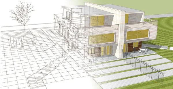 現代のダブルハウス建築の3Dレンダリング — ストック写真