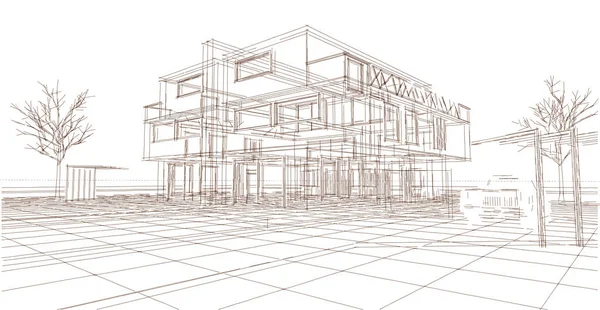 现代双人间建筑3D渲染 — 图库照片