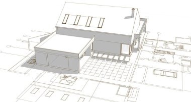 Modern ev çizimi 3d illüstrasyon