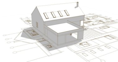Modern ev çizimi 3d illüstrasyon