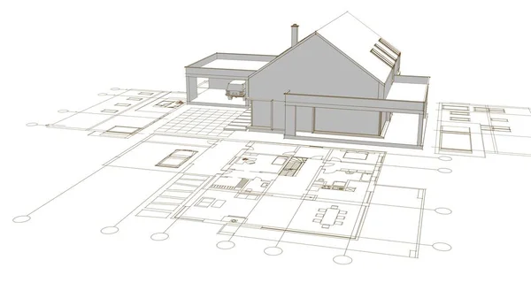 现代房屋草图3D插图 — 图库照片