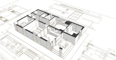 ev mimarisi projesi çizimi 3d illüstrasyon