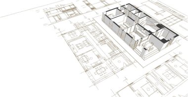 ev mimarisi projesi çizimi 3d illüstrasyon