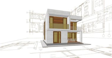 ev mimarisi projesi çizimi 3d illüstrasyon