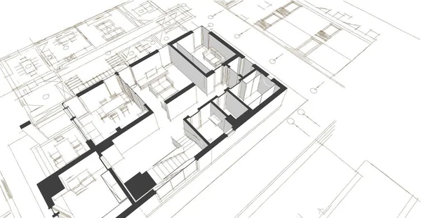 房屋建筑草图3D图解 — 图库照片