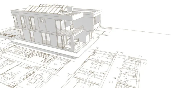 房屋建筑草图3D图解 — 图库照片