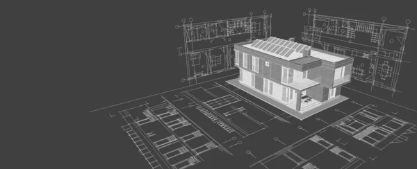 房屋建筑草图3D图解 — 图库照片