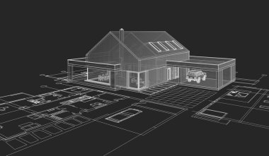 Modern ev çizimi 3d illüstrasyon
