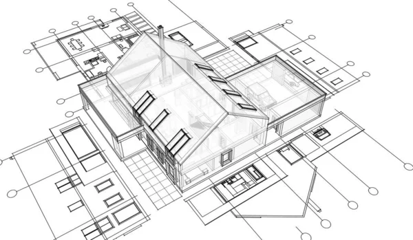 现代房屋草图3D插图 — 图库照片