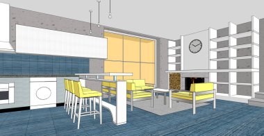 İç mutfak oturma odası 3D görüntü