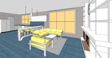 İç mutfak oturma odası 3D görüntü