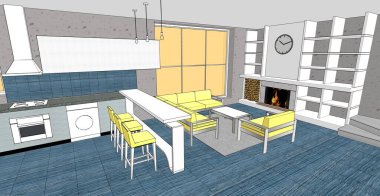 İç mutfak oturma odası 3D görüntü