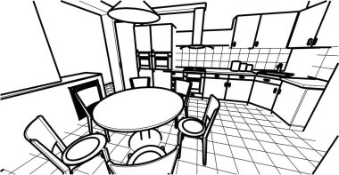 İç mutfak oturma odası 3D görüntü